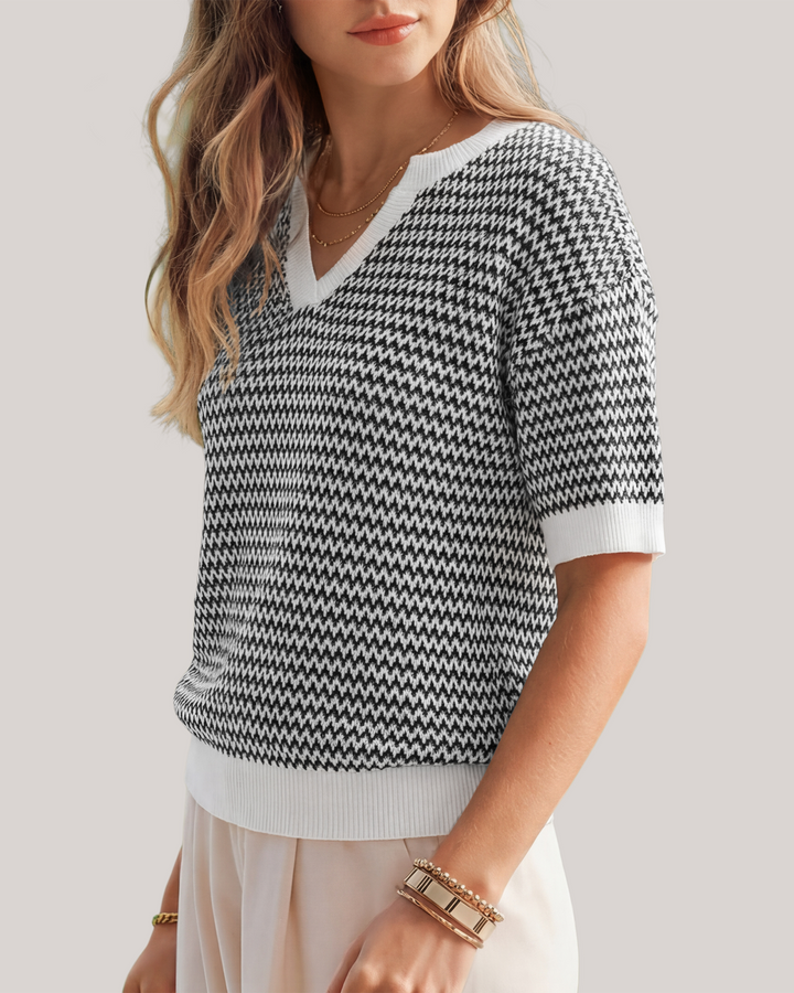 Striped cotton polo knit top with V-neck and short sleeves for women
