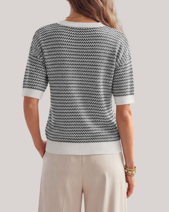 Striped cotton polo knit top with V-neck and short sleeves for women