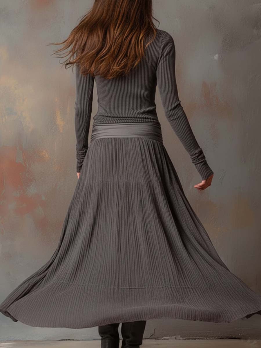 Noelle | Ribbed Knit Pleated Maxi Dress
