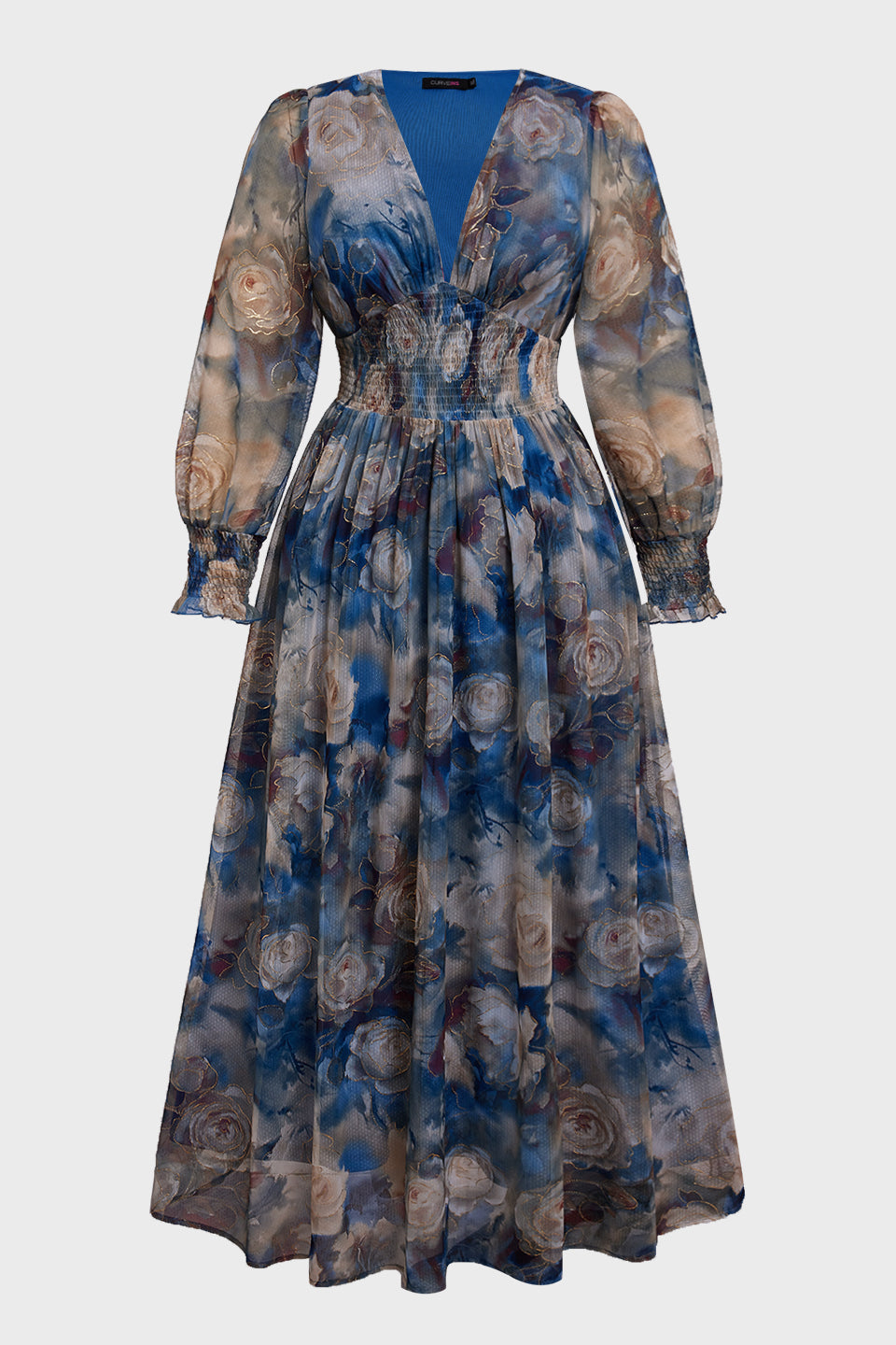 Plus size long sleeve maxi dress with floral waist for women