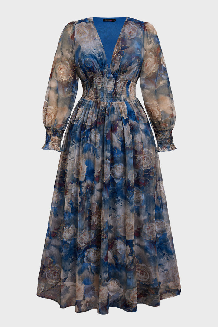 Plus size long sleeve maxi dress with floral waist for women