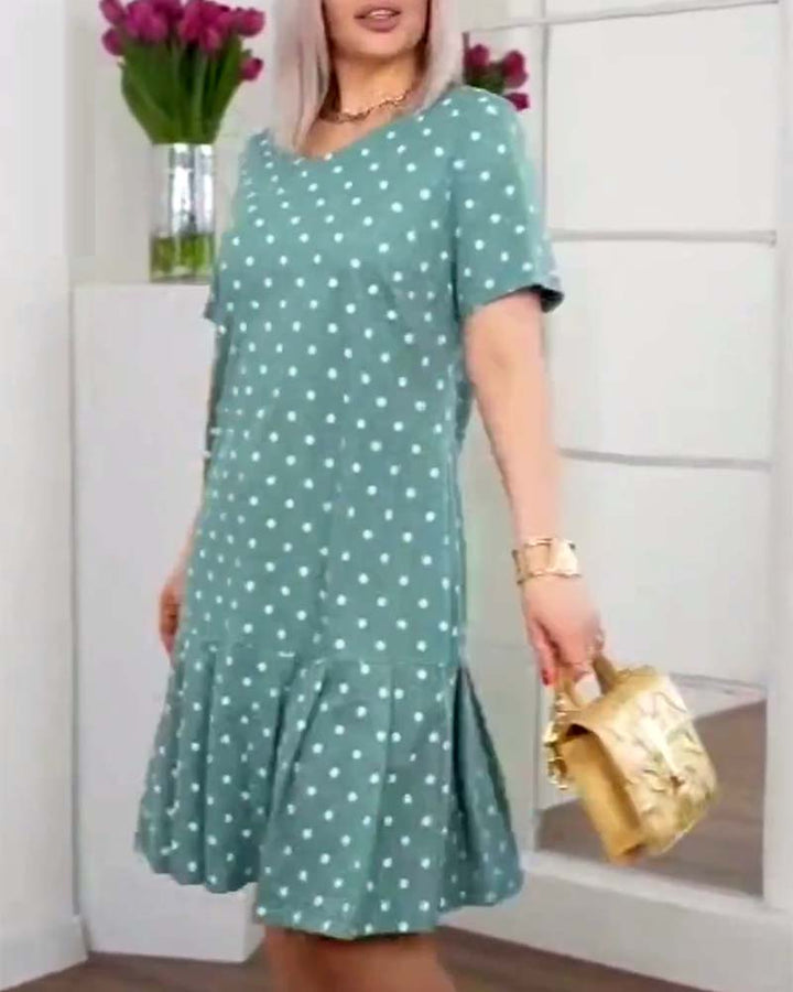 Polka dot dress knee length with buttons and short sleeves for women