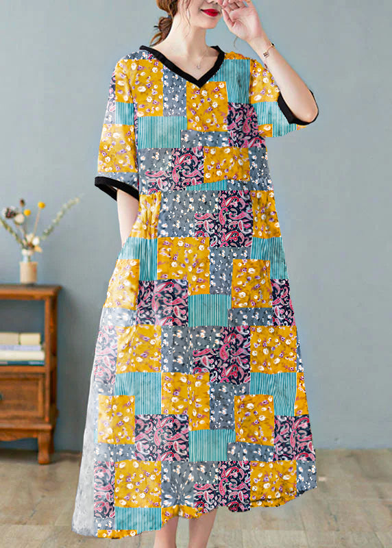 Linen v-neck print dress with short sleeves for women