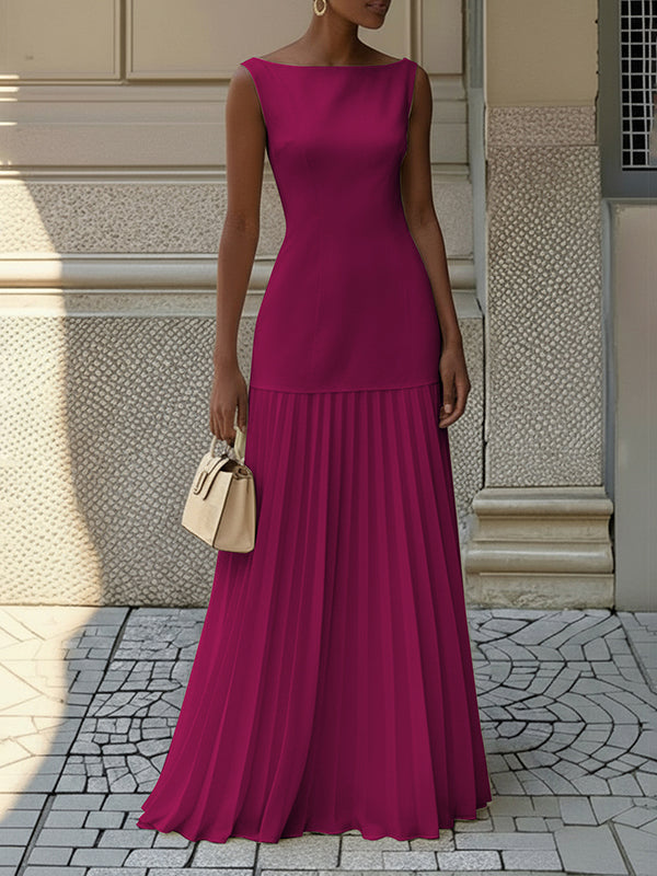 Pleated maxi dress sleeveless boat neck gauze for women