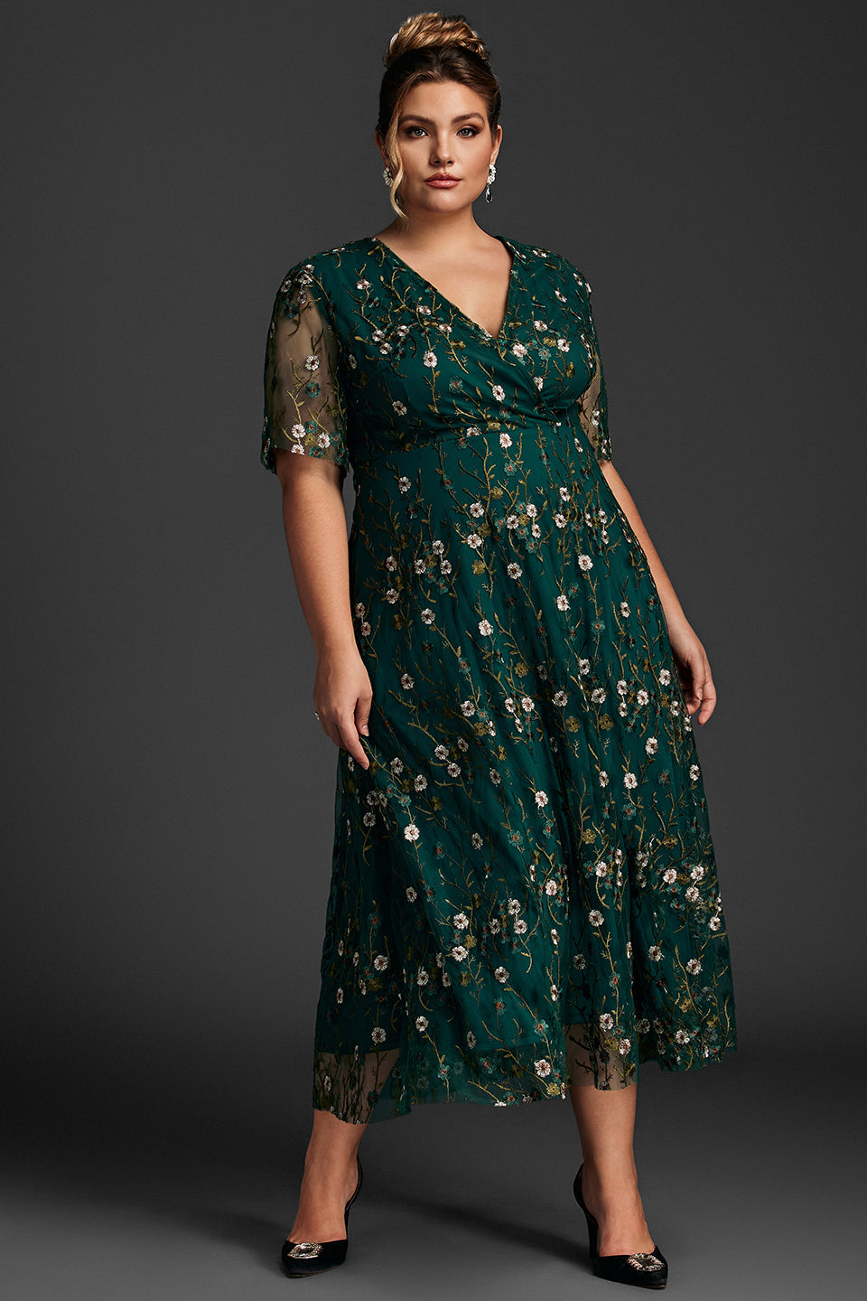 Plus size embroidered maxi dress with ruffle sleeves for women