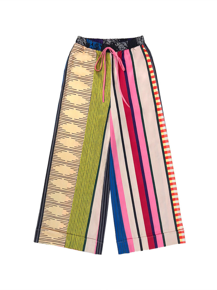 Striped wide-leg trousers with drawstring waist and contrast print for women