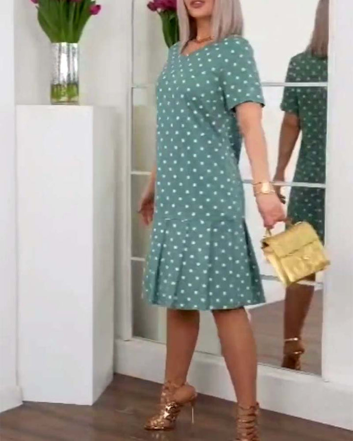 Polka dot dress knee length with buttons and short sleeves for women