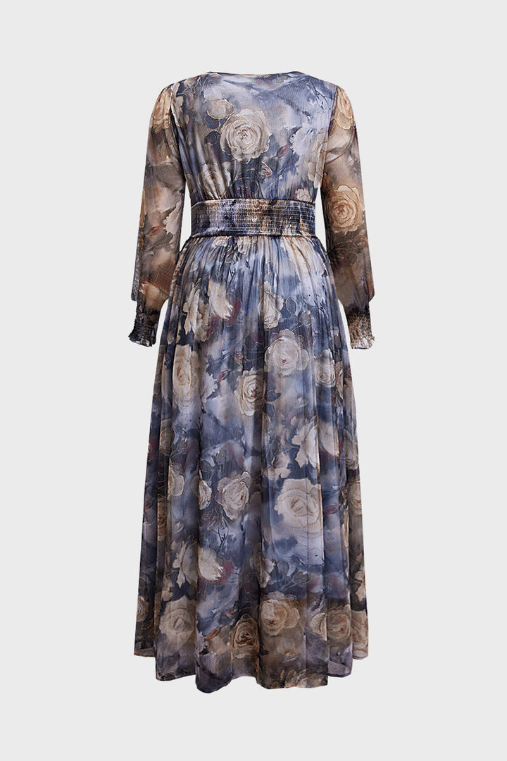 Plus size long sleeve maxi dress with floral waist for women