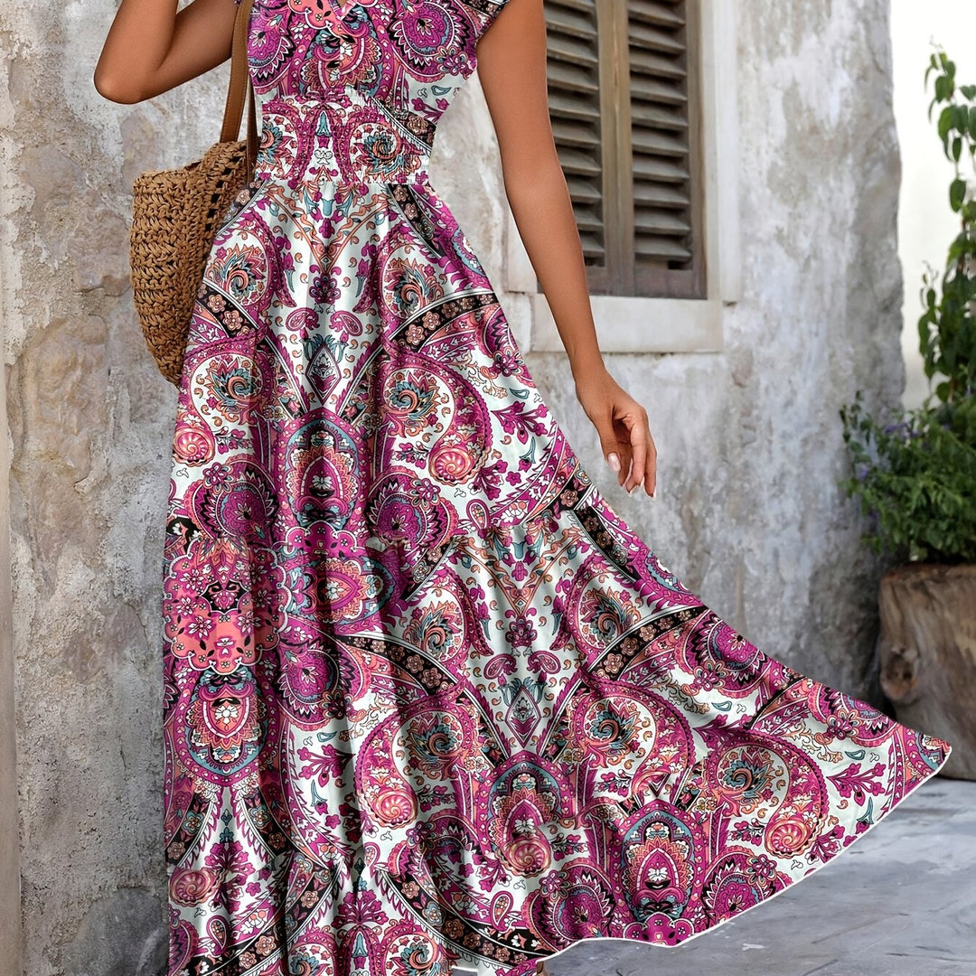 Paisley print maxi dress with gathered waist for women