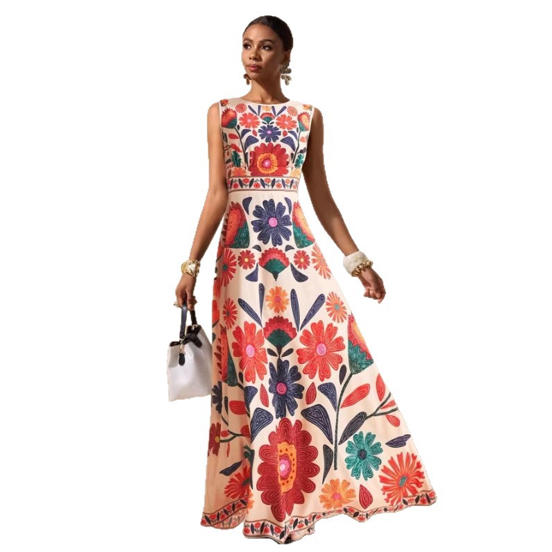 Maxi dress sleeveless with tropical art print for women