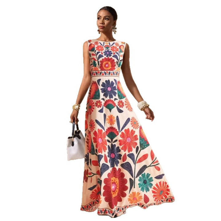Maxi dress sleeveless with tropical art print for women