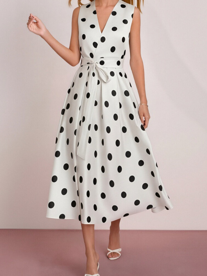 Polka dot midi dress sleeveless v-neck with tie waist for women