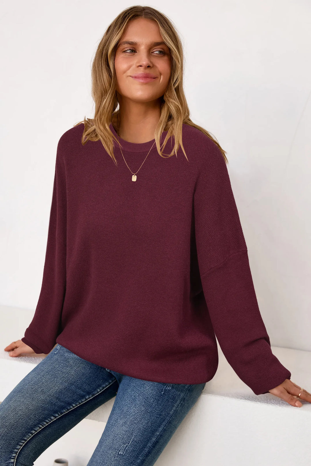 Wool blend oversized crew neck jumper for women