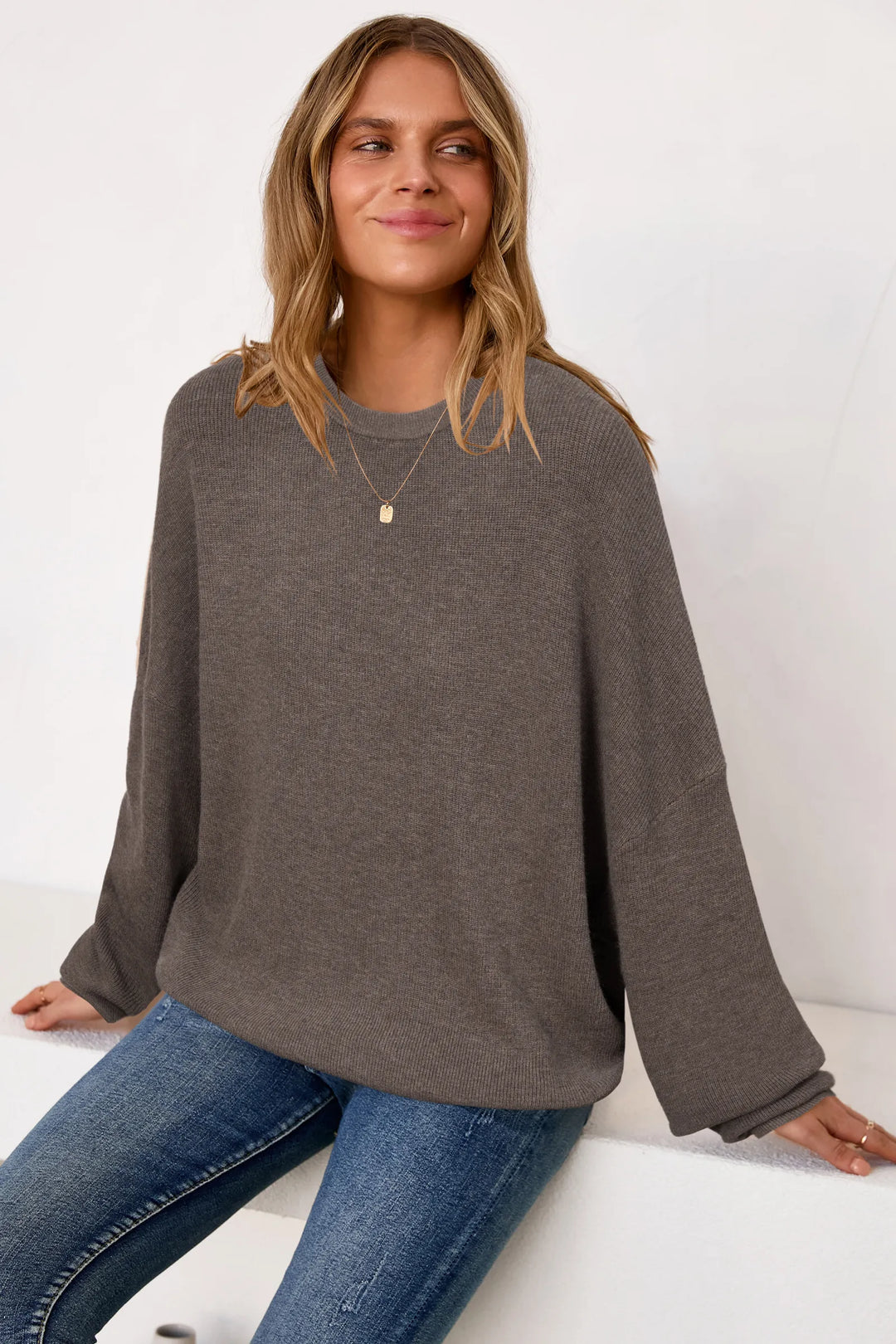 Wool blend oversized crew neck jumper for women