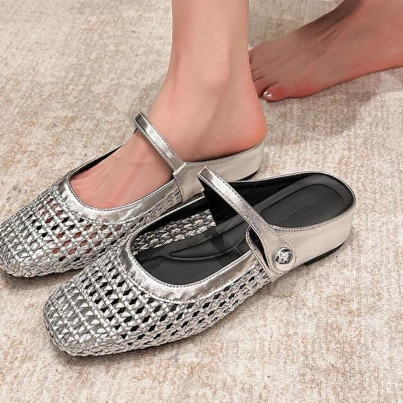 Woven mule flats with Mary Jane strap for women