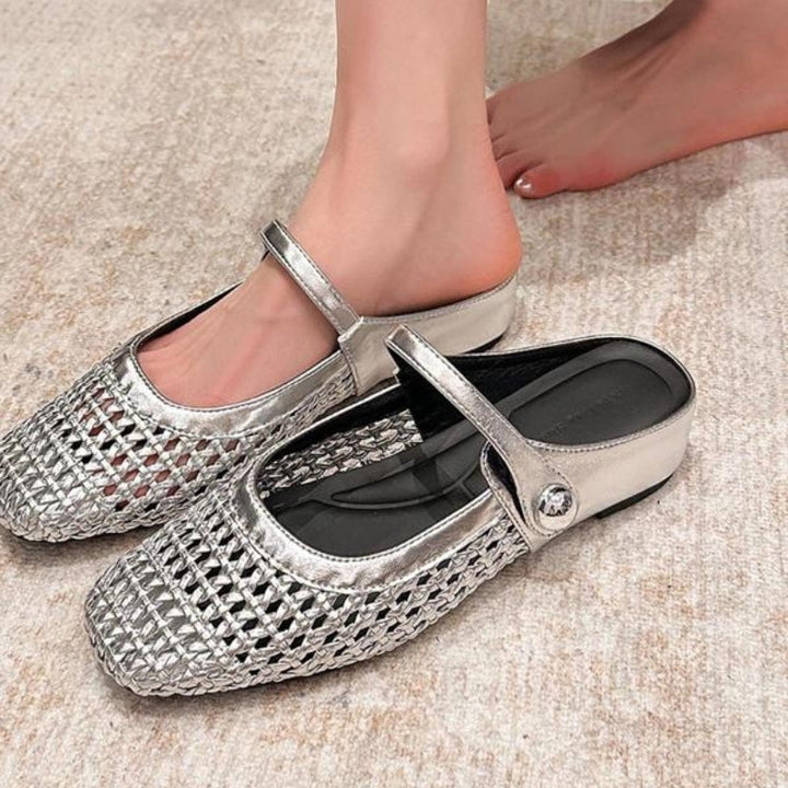 Woven mule flats with Mary Jane strap for women