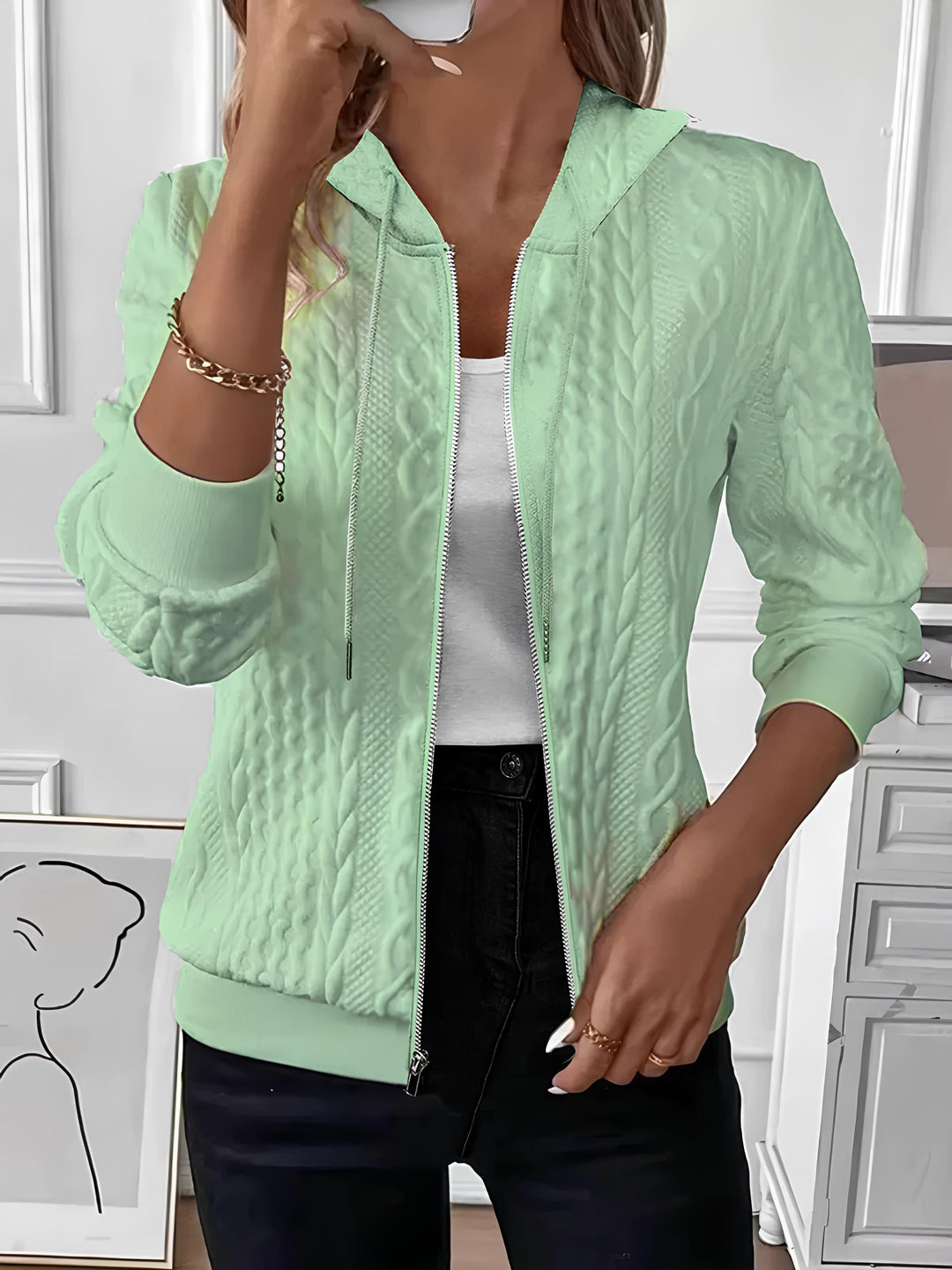 Cable textured zip up hooded jacket for women