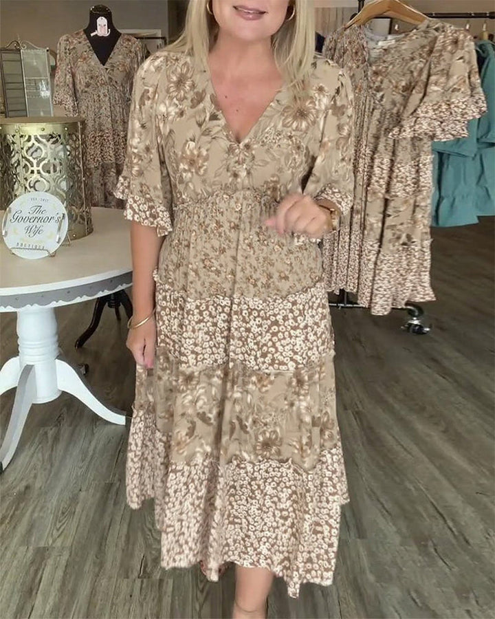 Floral maxi dress with V-neck and ruffle half sleeves for women