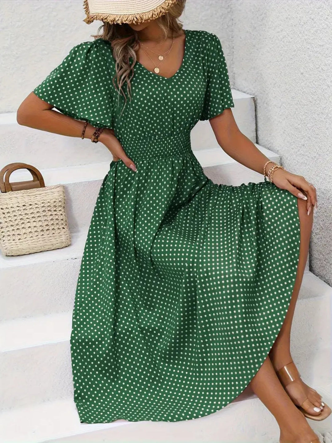 Polka dot maxi dress with flutter sleeves and shaped waist for women