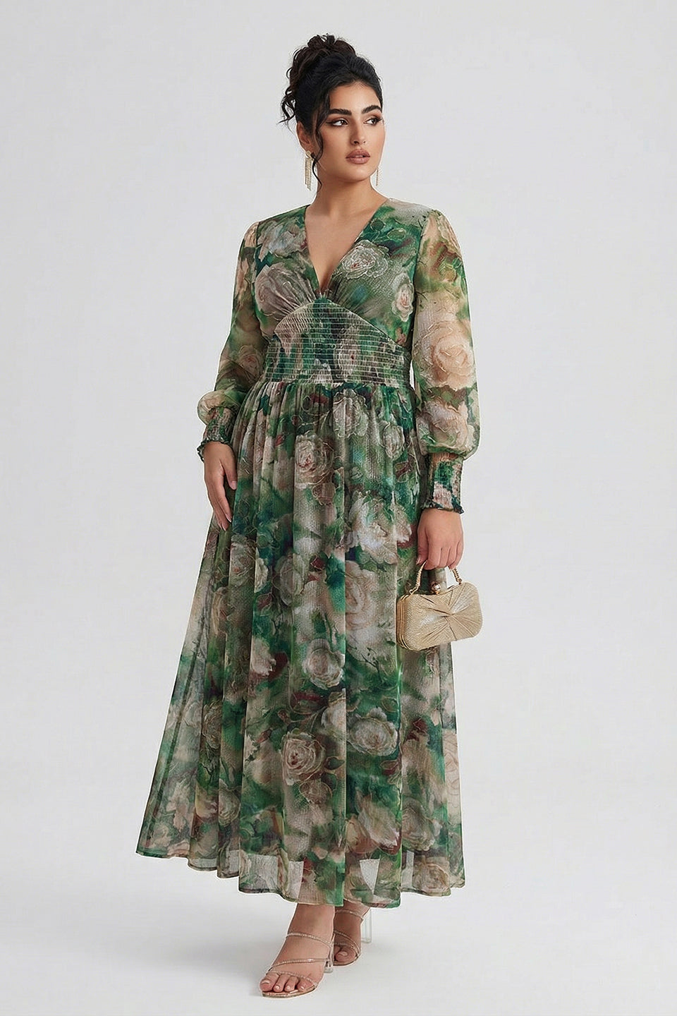 Plus size long sleeve maxi dress with floral waist for women
