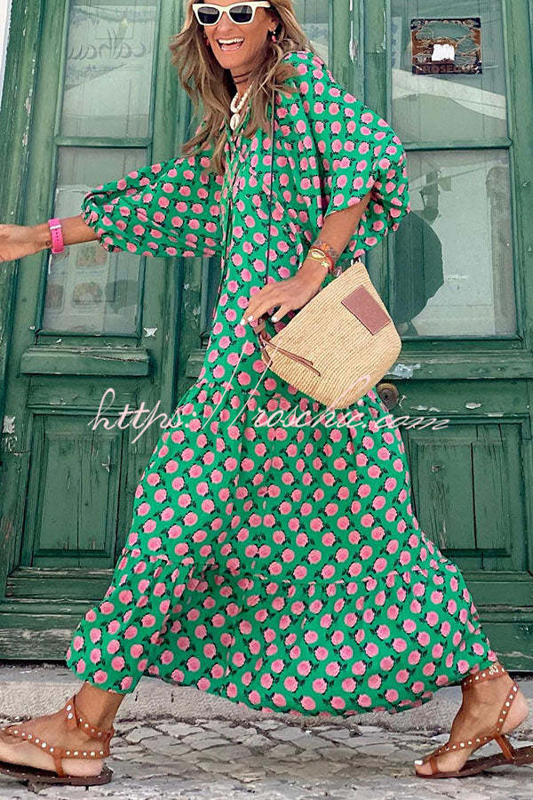 Tiered puff sleeve V-neck long dress for women