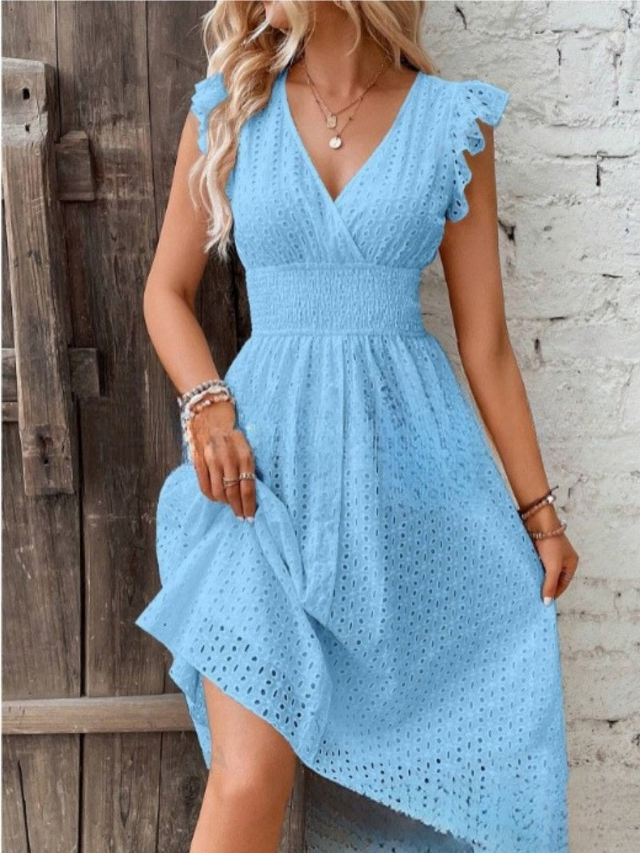 Eyelet midi dress linen blend flutter sleeve V-neck for women