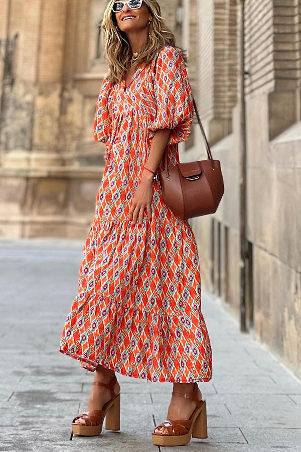 Tiered puff sleeve V-neck long dress for women