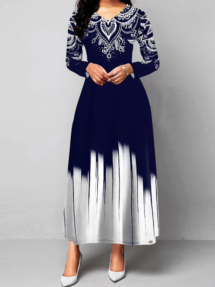 Ornamental print maxi dress with flared skirt for women