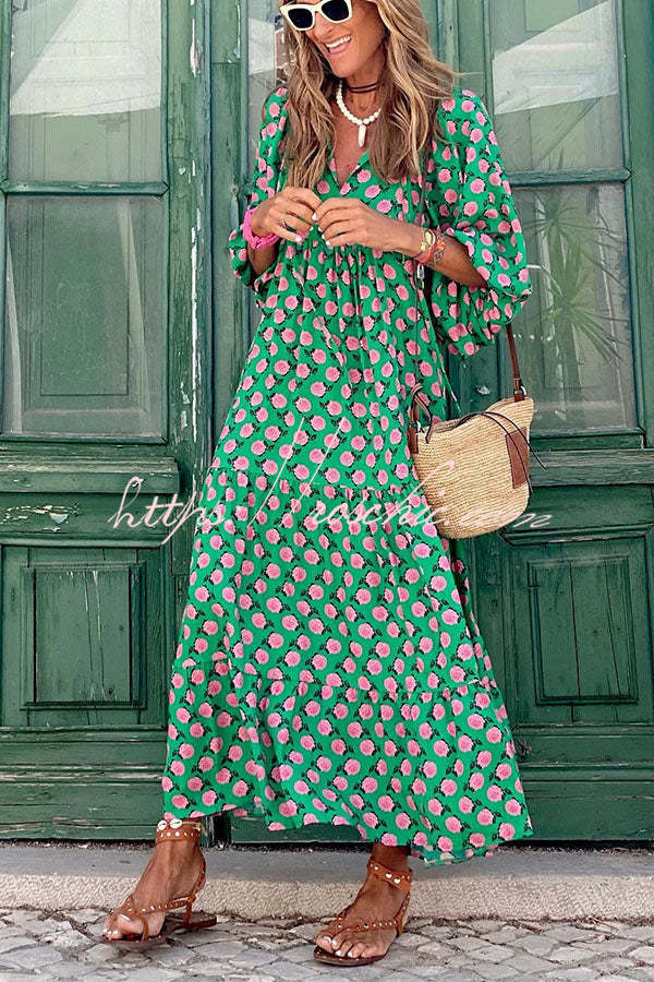 Tiered puff sleeve V-neck long dress for women