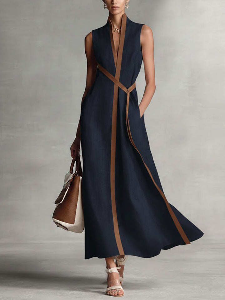 Sleeveless V-neck midi dress with contrast trim for women