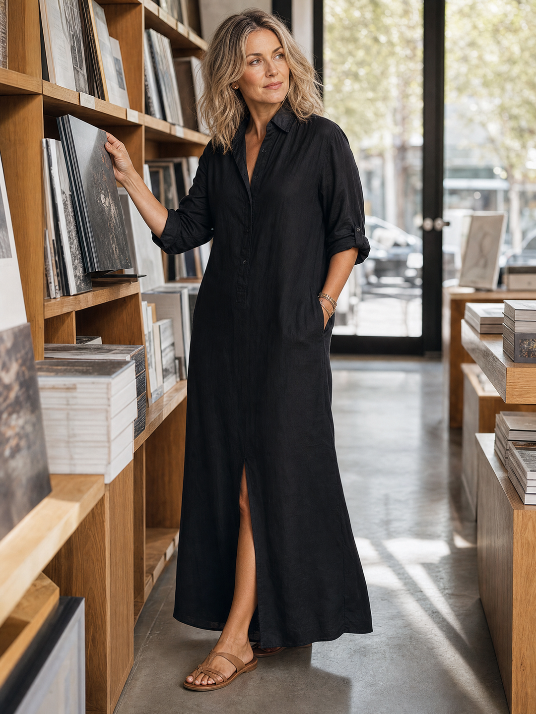 Button-front boho shirt maxi dress with long sleeves for women
