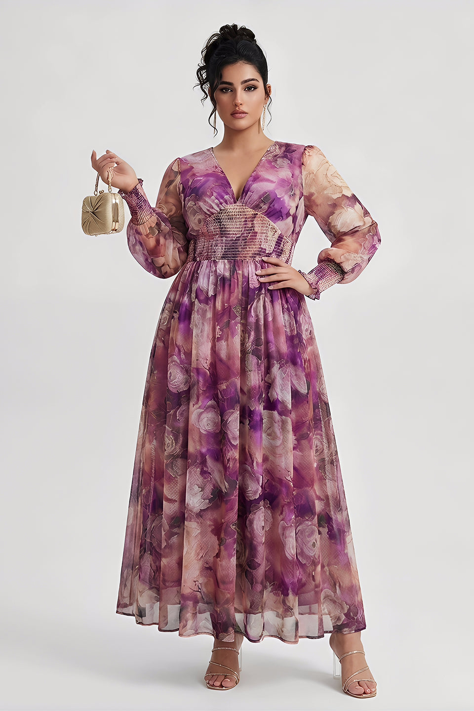 Plus size long sleeve maxi dress with floral waist for women