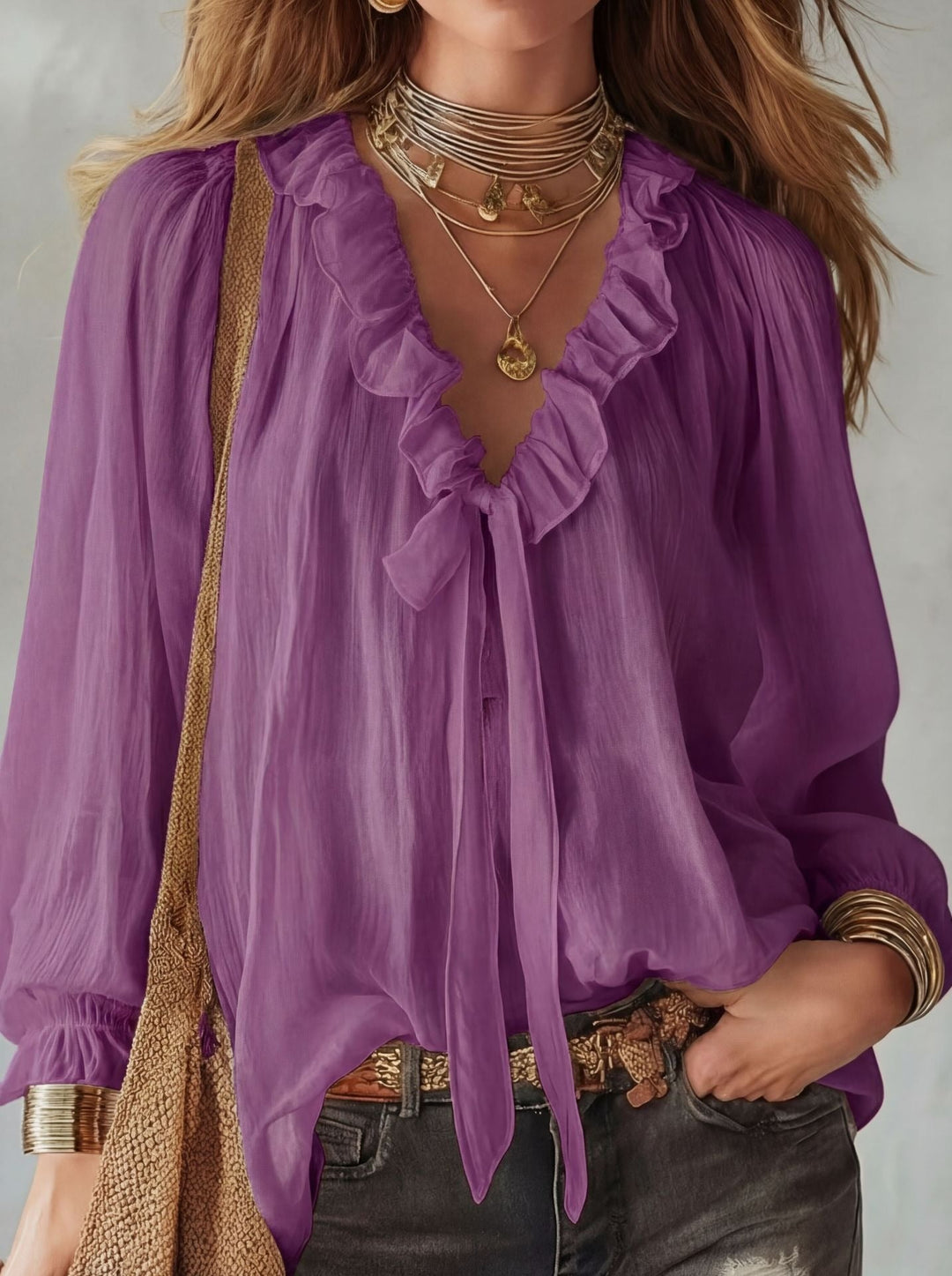 Ruffle tie neck blouse with lantern sleeves and crinkle texture for women