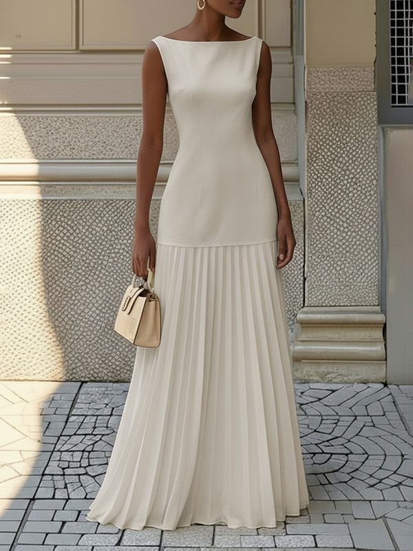 Pleated maxi dress sleeveless boat neck gauze for women