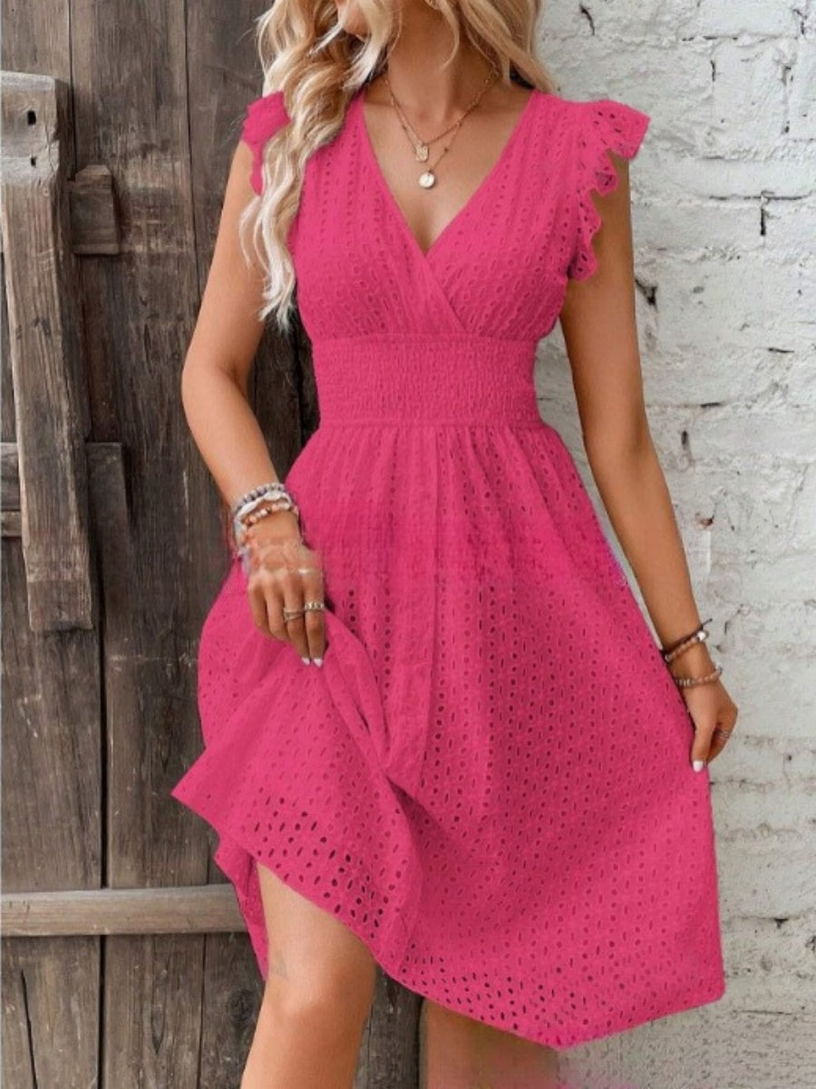 Eyelet midi dress linen blend flutter sleeve V-neck for women