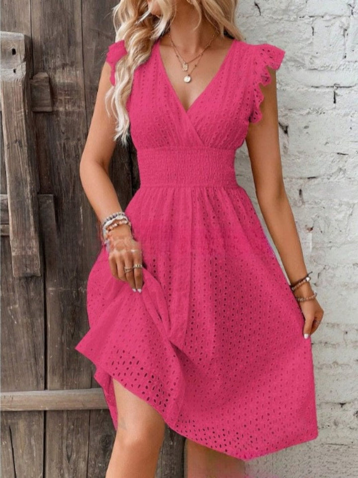 Eyelet midi dress linen blend flutter sleeve V-neck for women