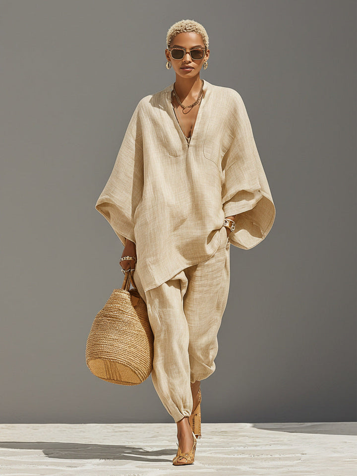 Linen blend two-piece set with oversized V-neck tunic and jogger pants for women
