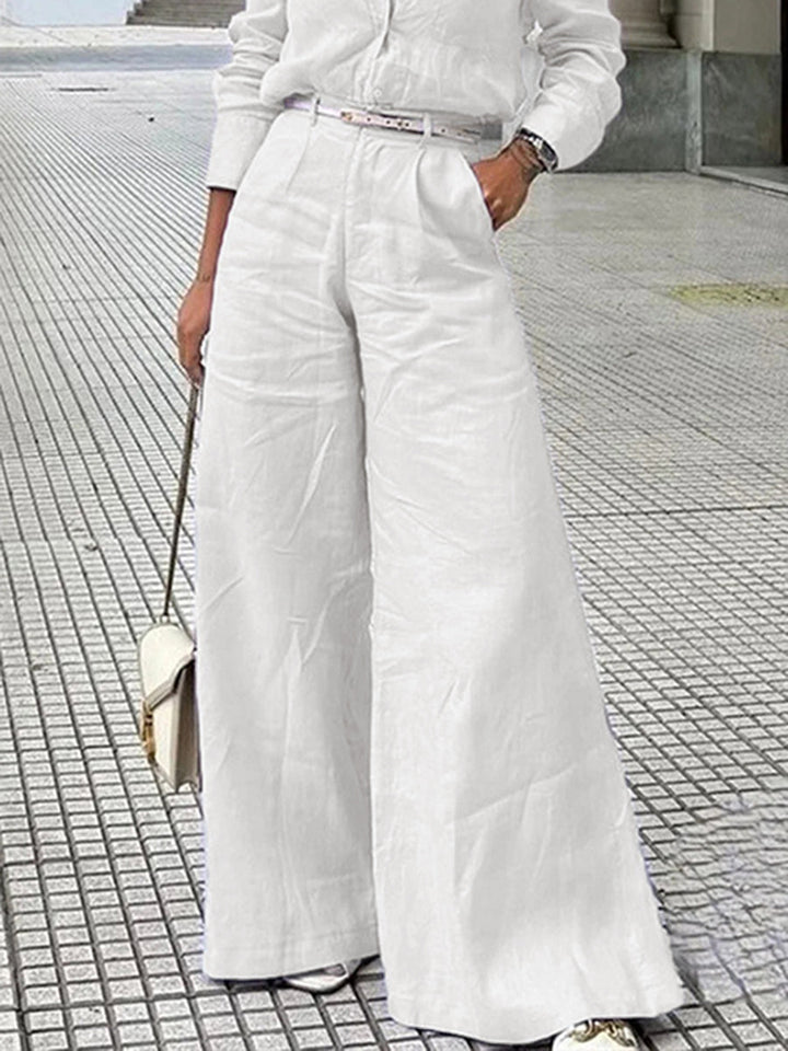 Cotton linen wide-leg trousers with high waist and relaxed fit for women