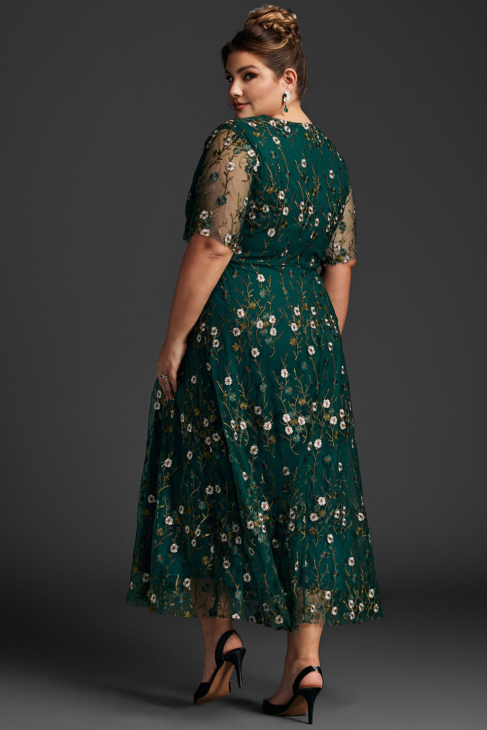 Plus size embroidered maxi dress with ruffle sleeves for women