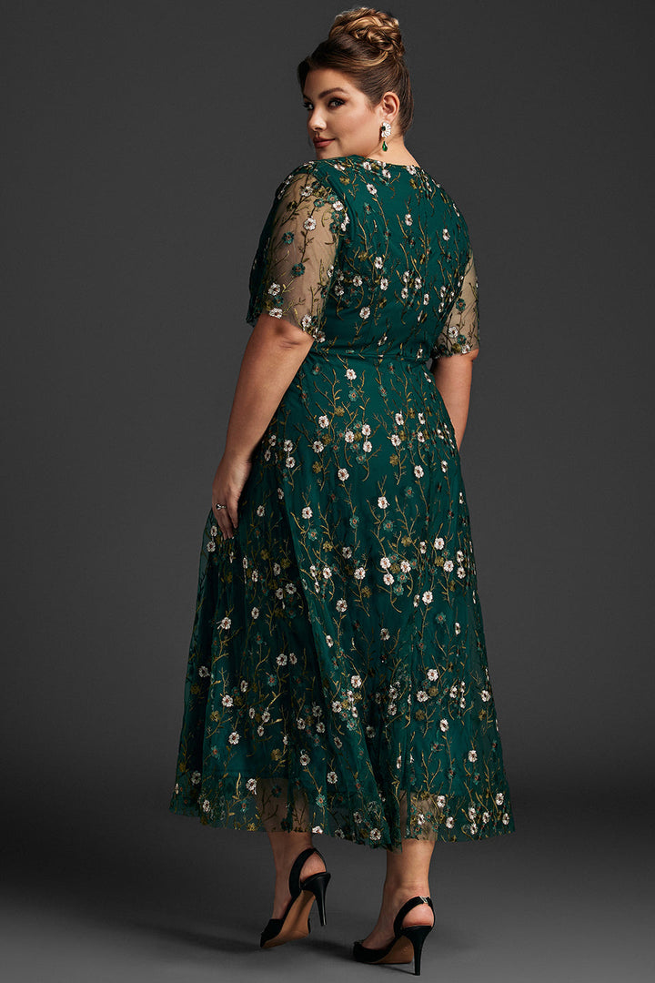 Plus size embroidered maxi dress with ruffle sleeves for women