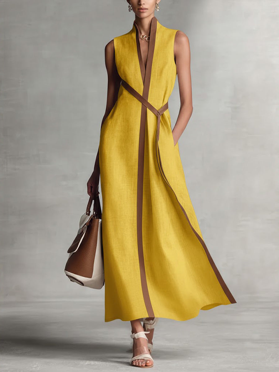Sleeveless V-neck midi dress with contrast trim for women