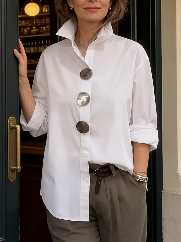 Cotton linen blouse with stand collar and statement buttons for women