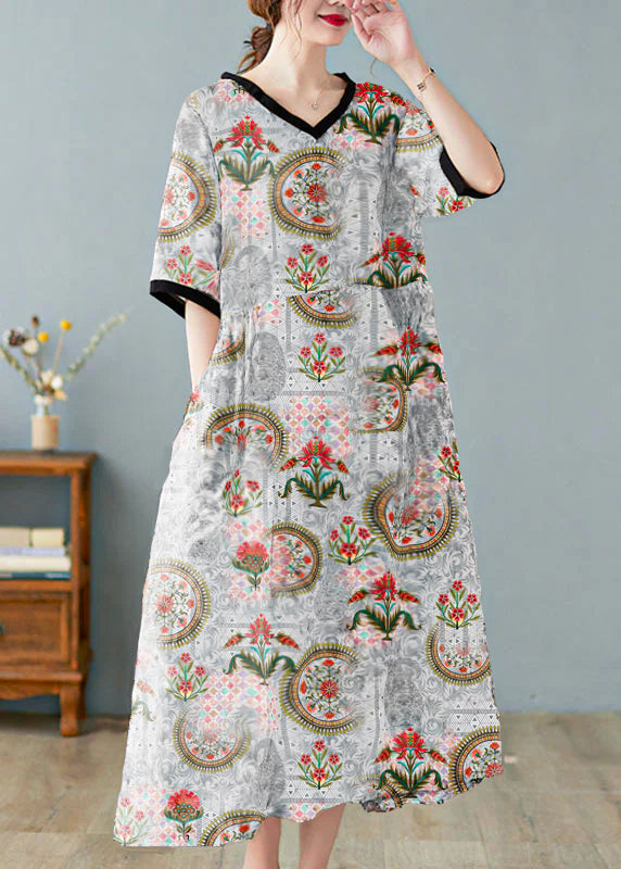 Linen v-neck print dress with short sleeves for women