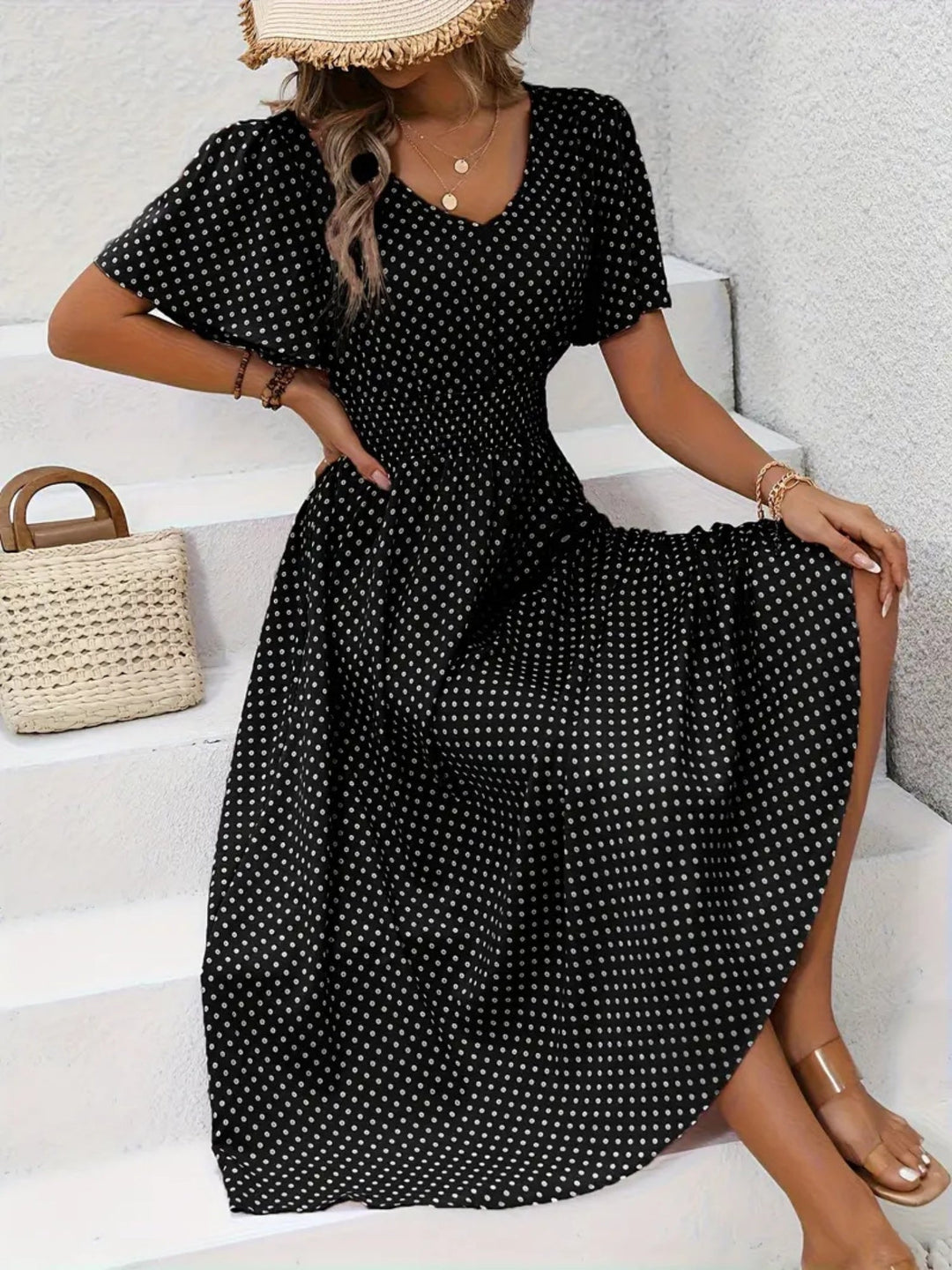 Polka dot maxi dress with flutter sleeves and shaped waist for women