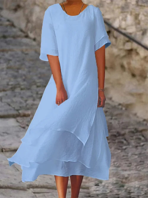 Colour-block double-layer dress with short sleeves and side slit for women