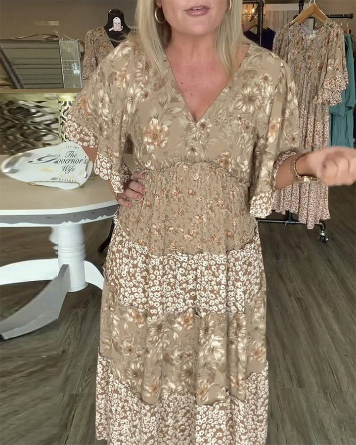 Floral maxi dress with V-neck and ruffle half sleeves for women