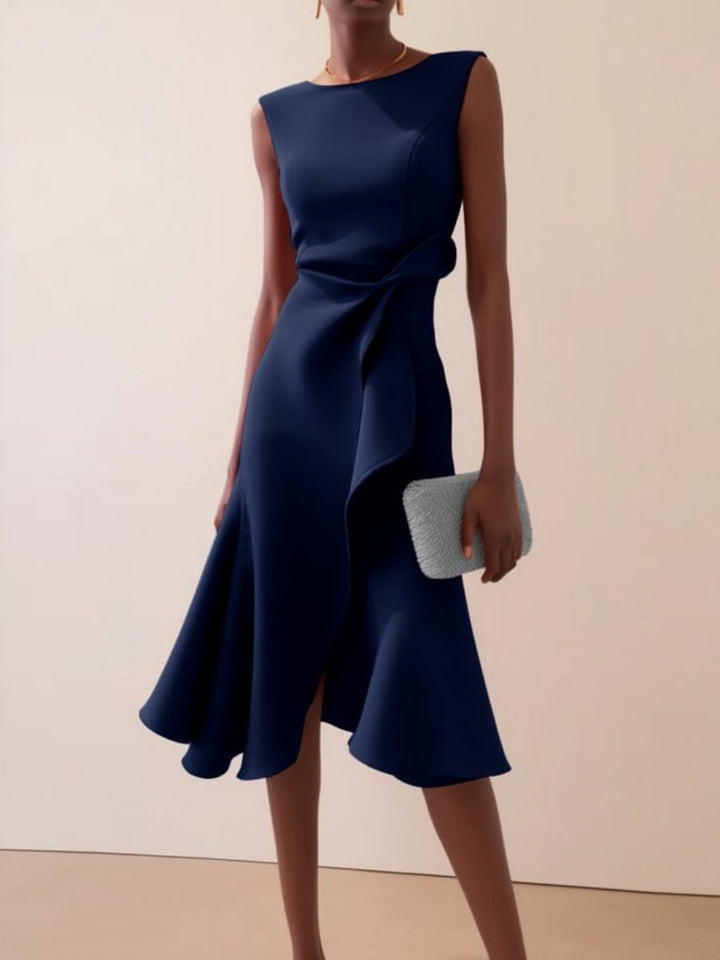 Sleeveless midi dress with ruffle asymmetric hem and crew neck for women