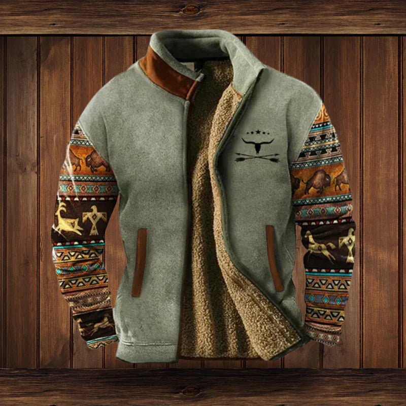 Noah Warm Jacket Western Style – Fleece Lining &amp; Ethnic Patterns for Winter Comfort