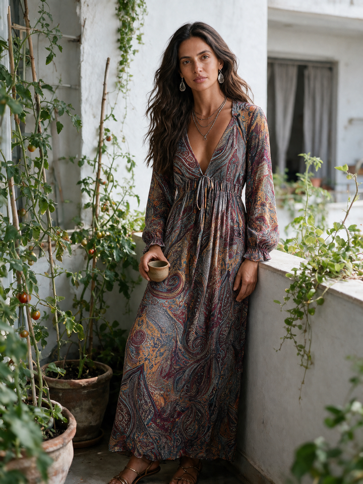 Paisley print v-neck maxi dress with tie waist for women