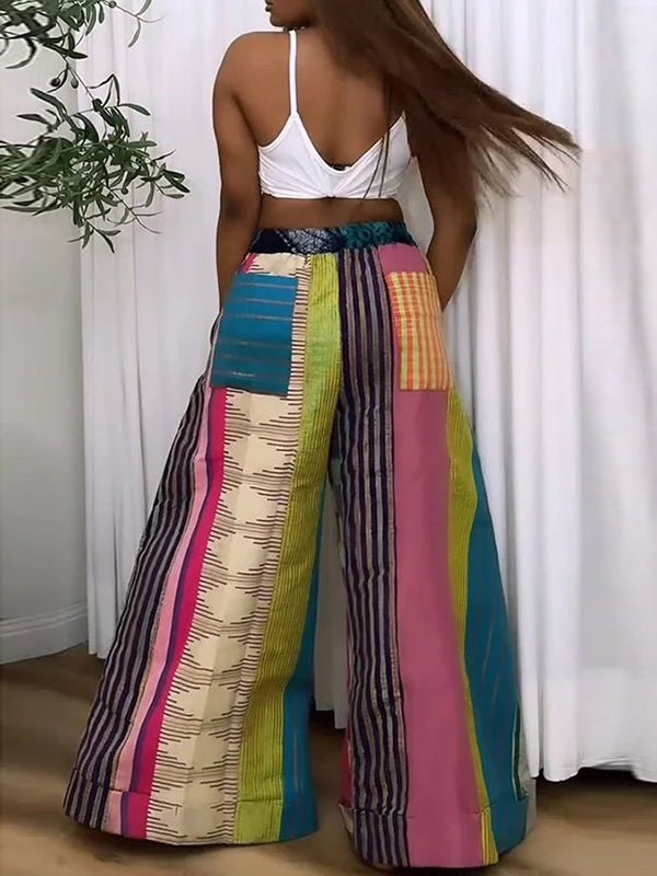 Striped wide-leg trousers with drawstring waist and contrast print for women